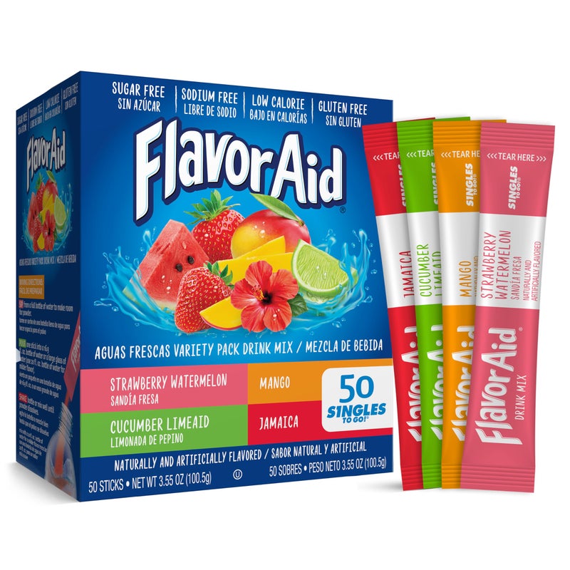 Flavor Aid Aguas Frescas Singles To Go Variety Pack, Powdered Drink Mix, 1 Box (50 Single Servings) - Image 1