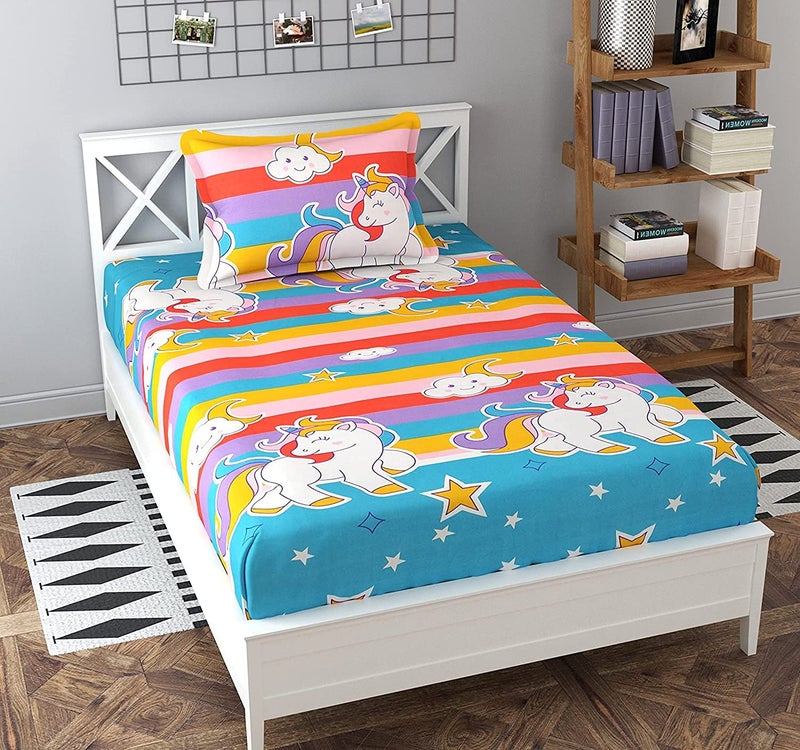 Blenzza Deco™ Glace Cotton Nursery Print Single Bed Reversible Kids Comforter Set(1 Single Bed Comforter,1 Single Bedsheet & 1 Pillow Cover, 180 TC) Star Moon Unicorn - Image 1