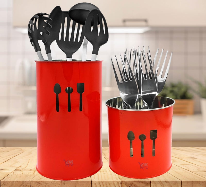 EVK® Self Draining Tableware Storage Box - Spoon, Knife, Fork, Chopstick, Stainless Steel Cutlery Holder Organizer Stand for Kitchen (EVK-Big & small Spoon Cutlery-RED) - Image 1