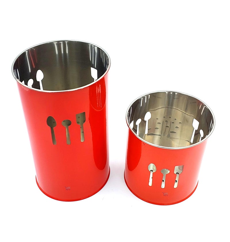 EVK® Self Draining Tableware Storage Box - Spoon, Knife, Fork, Chopstick, Stainless Steel Cutlery Holder Organizer Stand for Kitchen (EVK-Big & small Spoon Cutlery-RED) - Image 2