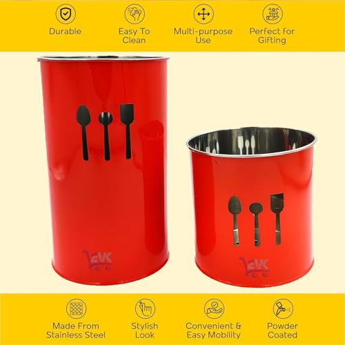 EVK® Self Draining Tableware Storage Box - Spoon, Knife, Fork, Chopstick, Stainless Steel Cutlery Holder Organizer Stand for Kitchen (EVK-Big & small Spoon Cutlery-RED) - Image 4