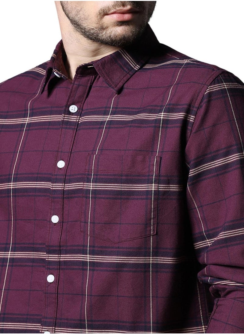 HIGH STAR - Classic Windowpane Check Cotton Casual Shirt for Men in Maroon - Image 1