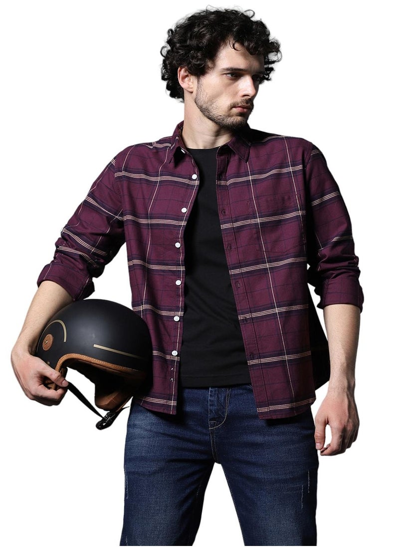HIGH STAR - Classic Windowpane Check Cotton Casual Shirt for Men in Maroon - Image 1