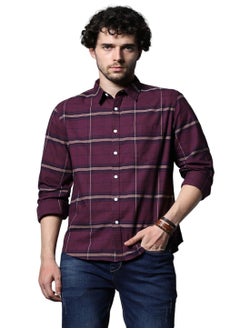 HIGH STAR Classic Windowpane Check Cotton Casual Shirt for Men in Maroon  - Image 2
