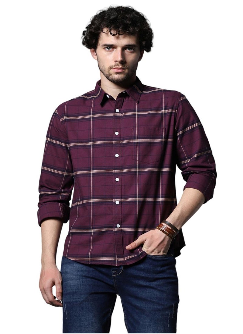 HIGH STAR - Classic Windowpane Check Cotton Casual Shirt for Men in Maroon - Image 1