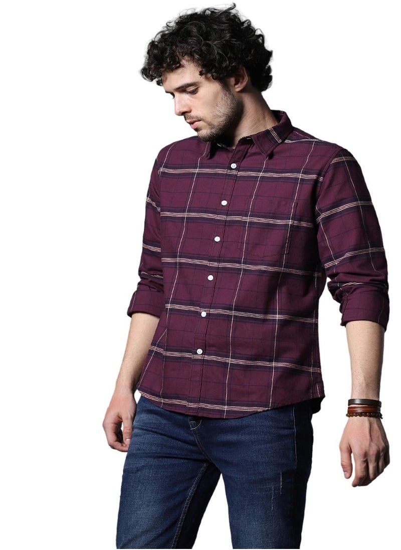 HIGH STAR - Classic Windowpane Check Cotton Casual Shirt for Men in Maroon - Image 1