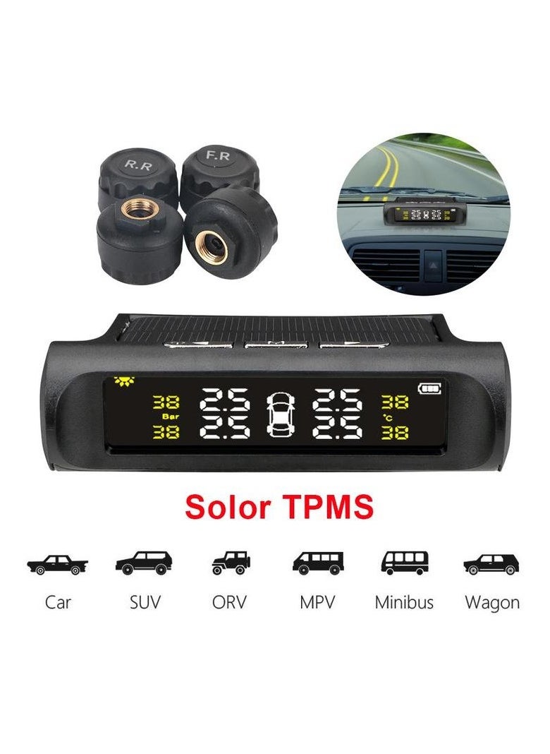 Solar powered car tire pressure monitoring tool, TMS tire pressure monitoring system, wireless Tpms monitor, LCD digital display tire pressure gauge, practical car maintenance tool with replacement valve