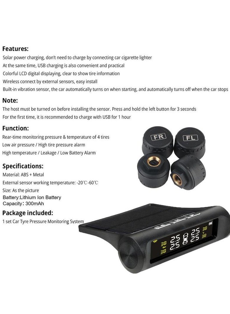 Solar powered car tire pressure monitoring tool, TMS tire pressure monitoring system, wireless Tpms monitor, LCD digital display tire pressure gauge, practical car maintenance tool with replacement valve