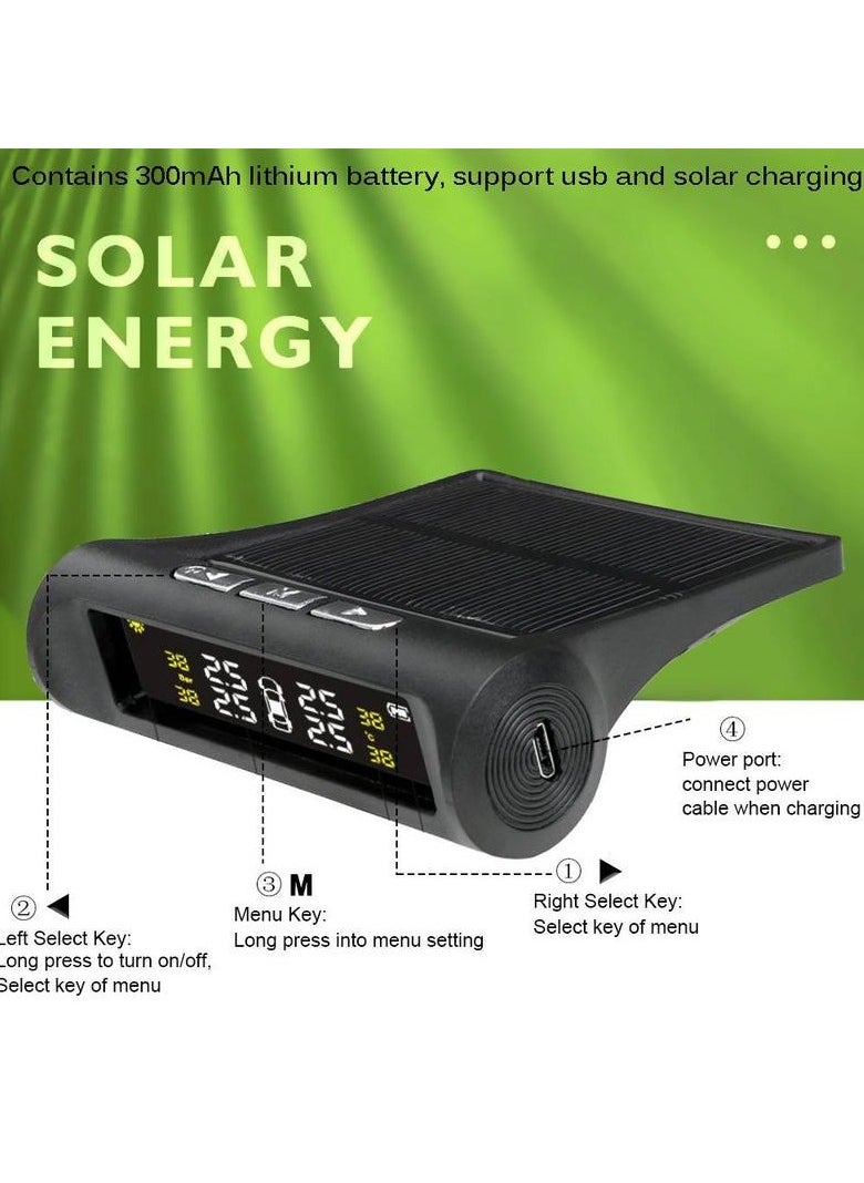 Solar powered car tire pressure monitoring tool, TMS tire pressure monitoring system, wireless Tpms monitor, LCD digital display tire pressure gauge, practical car maintenance tool with replacement valve
