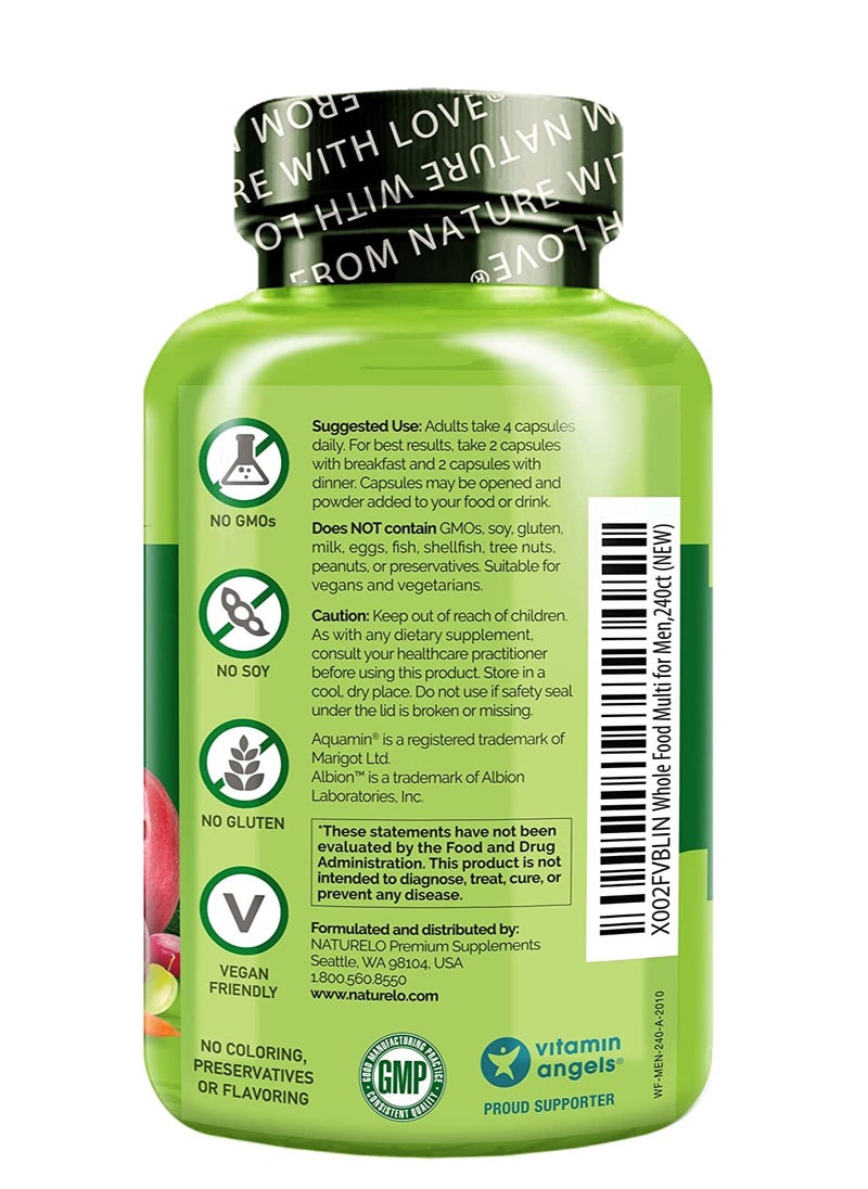 NATURELO - Whole Food Complete Multivitamin +6 Health blends For Men, Formulated to support energy, immune & heart health, 240 Vegetarian Capsules, Dietary Supplement - Image 1