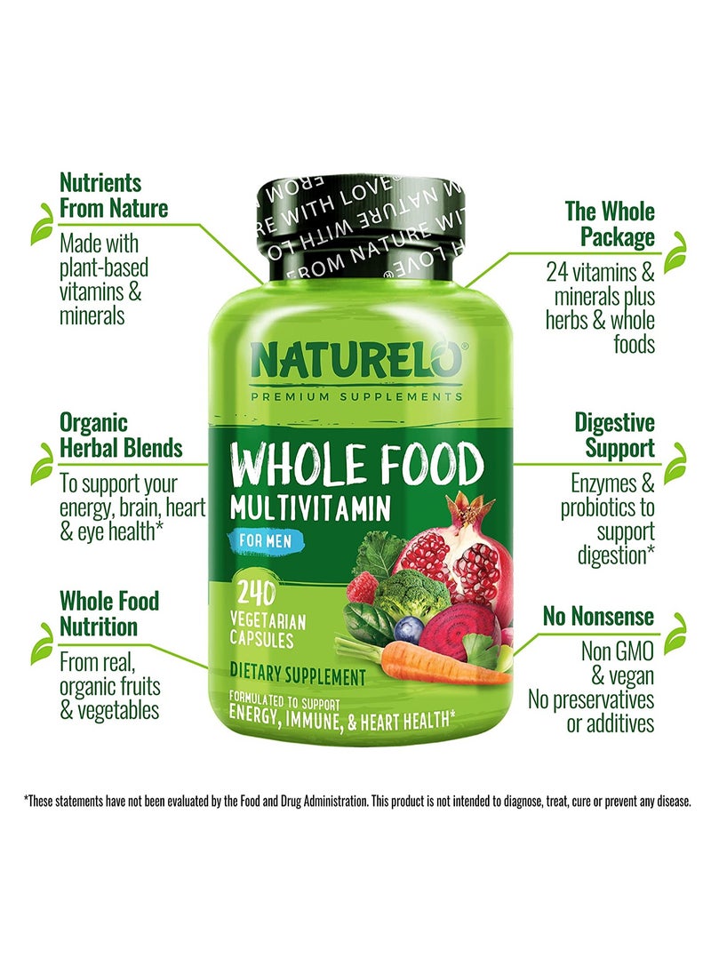 NATURELO - Whole Food Complete Multivitamin +6 Health blends For Men, Formulated to support energy, immune & heart health, 240 Vegetarian Capsules, Dietary Supplement - Image 1