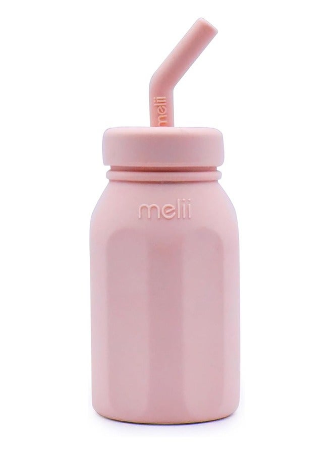 melii زجاجة ماء سيليكون مع قشة للأطفال، الصغار والأطفال، خالية من BPA، 230 مل وردي - Image 1
