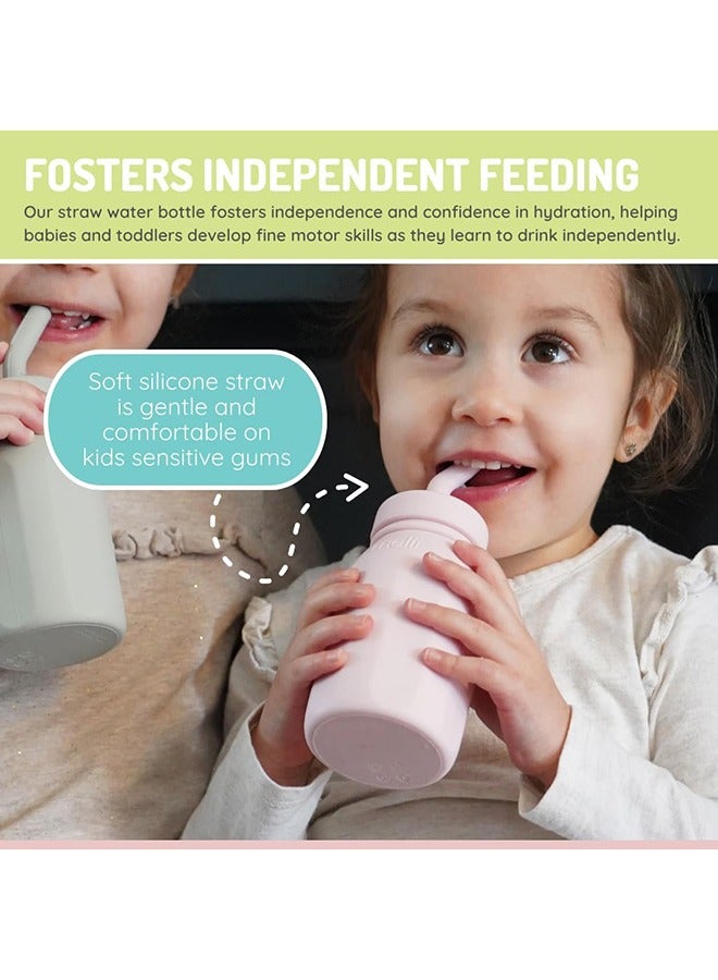 melii زجاجة ماء سيليكون مع قشة للأطفال، الصغار والأطفال، خالية من BPA، 230 مل وردي - Image 5