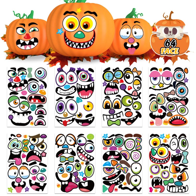 DUJAA 64 Pack Halloween Pumpkin Face Stickers for Kids Toddlers Large Decorating Craft Stickers to Make JackOLantern Face Decals for Pumpkins and Squashes - Image 2