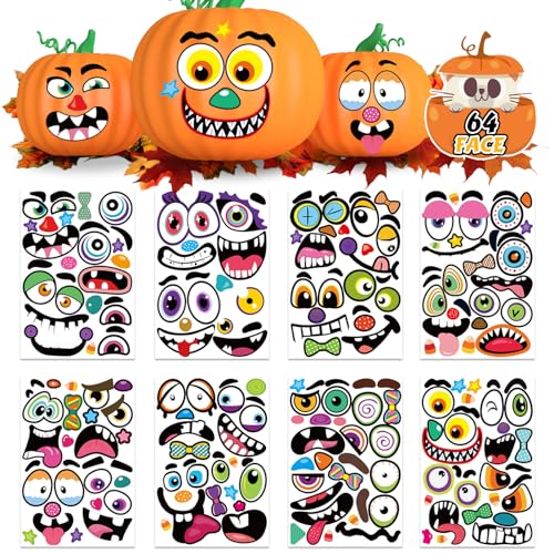 DUJAA 64 Pack Halloween Pumpkin Face Stickers for Kids Toddlers Large Decorating Craft Stickers to Make JackOLantern Face Decals for Pumpkins and Squashes - Image 1