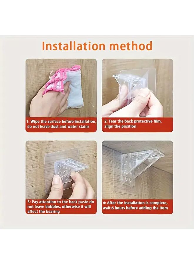4 قطع حوامل رفوف لاصقة بدون حفر، شديدة التحمل، قابضة قوية، سهلة التركيب، تصميم حديث من البلاستيك مثبت على الحائط، مناسبة لخزائن المطبخ والحمامات والجراجات، مع خطاطيف عملية، باللون البيج، ملحقات تخزين للمطبخ والحمام، شفافة. - Image 3