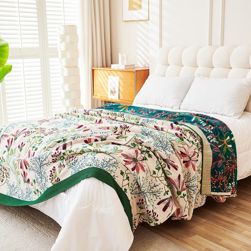 VANJOROY Boho Throw Blanket, 100% Organic Cotton Breathable Ultra Soft 91" x 108" King Bed Quilt Throw - All Season Floral Rustic Farmhouse Decor Luxury Blanket for Sofa Couch Chair and Gift - Image 2