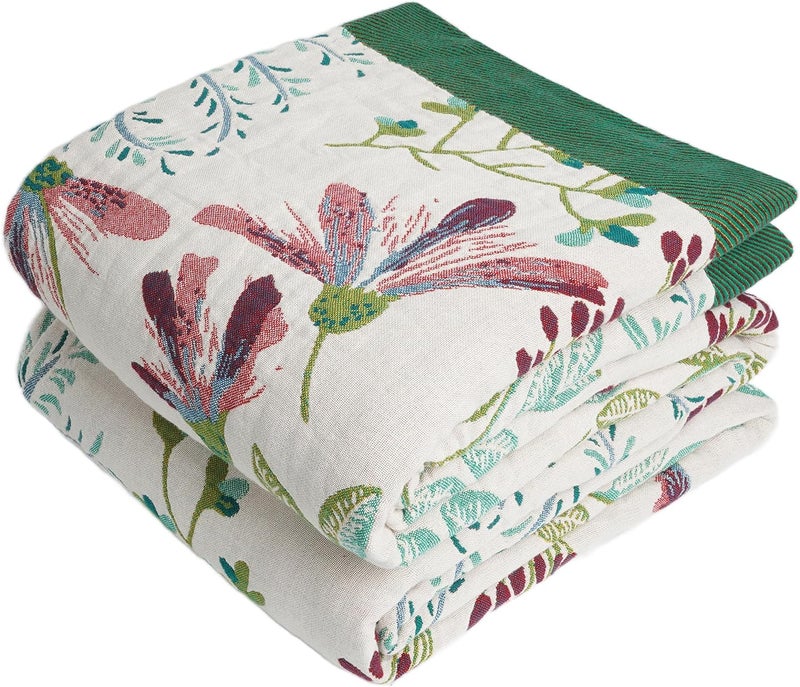 VANJOROY Boho Throw Blanket, 100% Organic Cotton Breathable Ultra Soft 91" x 108" King Bed Quilt Throw - All Season Floral Rustic Farmhouse Decor Luxury Blanket for Sofa Couch Chair and Gift - Image 1