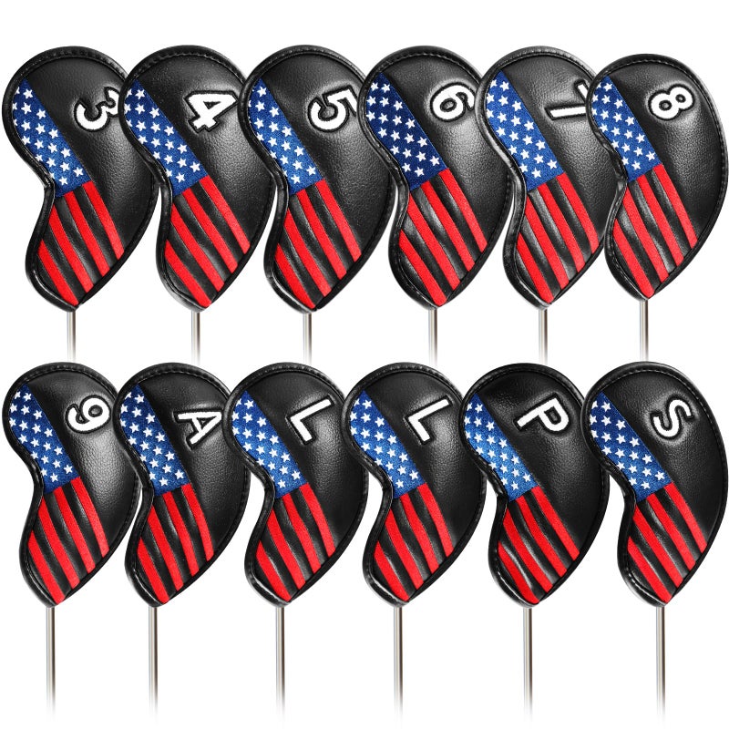 FINGER TEN Premium Synthetic Leather Stylish Iron & Wedge Golf Head Covers Value 12 Piece Set, Embroidered Labels & Fits Most Clubs Gift Set, Travel Protection Accessories (1 Side-Black USA Flag) - Image 1