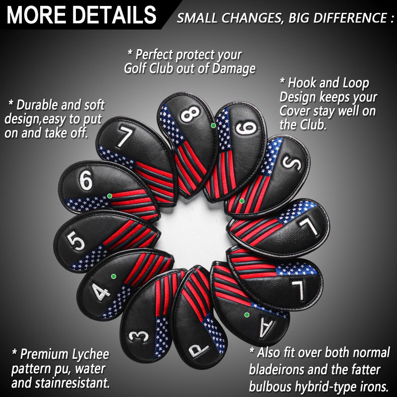 FINGER TEN Premium Synthetic Leather Stylish Iron & Wedge Golf Head Covers Value 12 Piece Set, Embroidered Labels & Fits Most Clubs Gift Set, Travel Protection Accessories (1 Side-Black USA Flag) - Image 2