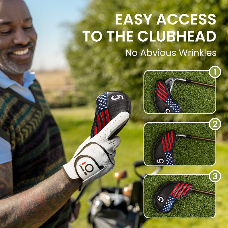 FINGER TEN Premium Synthetic Leather Stylish Iron & Wedge Golf Head Covers Value 12 Piece Set, Embroidered Labels & Fits Most Clubs Gift Set, Travel Protection Accessories (1 Side-Black USA Flag) - Image 4