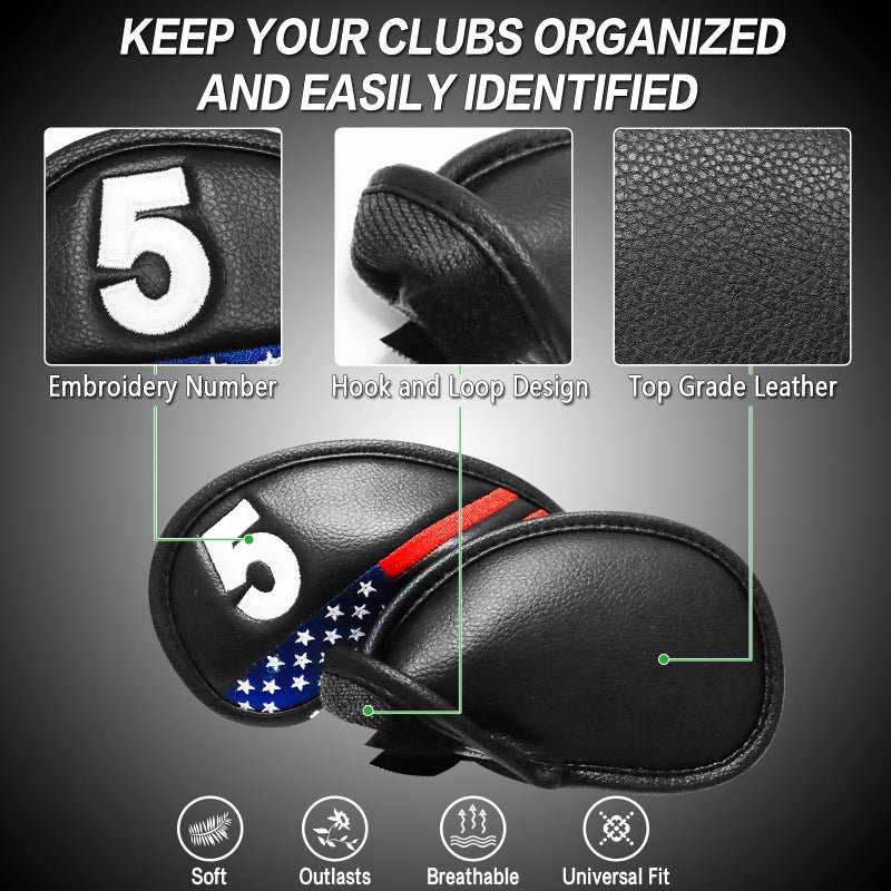 FINGER TEN Premium Synthetic Leather Stylish Iron & Wedge Golf Head Covers Value 12 Piece Set, Embroidered Labels & Fits Most Clubs Gift Set, Travel Protection Accessories (1 Side-Black USA Flag) - Image 3