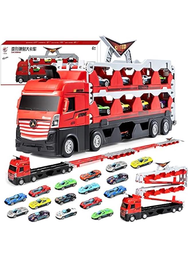 MIXDE Kids Car Transporter Truck Toy Set, Mega Hauler Carrier Trucks with 201cm Ejection Race Track and 16PCS Metal Racing Cars for 4 5 6 7 8 Years Old Kids Boys Gift  - Image 1