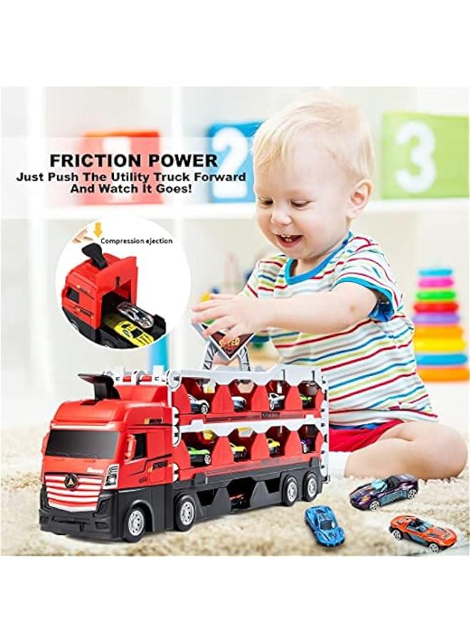 MIXDE Kids Car Transporter Truck Toy Set, Mega Hauler Carrier Trucks with 201cm Ejection Race Track and 16PCS Metal Racing Cars for 4 5 6 7 8 Years Old Kids Boys Gift  - Image 5