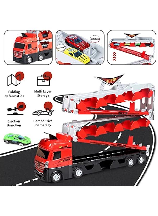 MIXDE Kids Car Transporter Truck Toy Set, Mega Hauler Carrier Trucks with 201cm Ejection Race Track and 16PCS Metal Racing Cars for 4 5 6 7 8 Years Old Kids Boys Gift  - Image 2