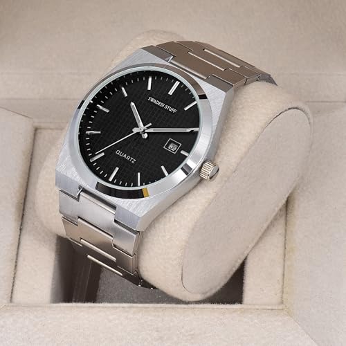 SWADESI STUFF Stainless Steel Date Display Mens Wrist Analogue Watch (Blue), Dial-Color:Multicolour, Band Color:Silver (Black) - Image 3