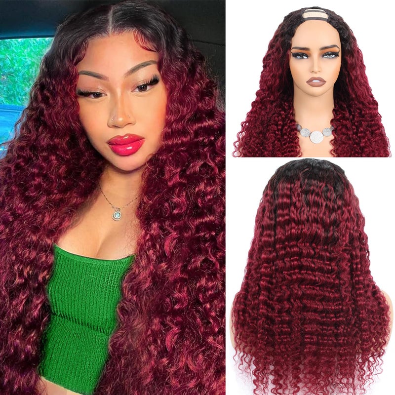 U Part Wig Human Hair Brazilian Deep Wave U Part Wigs for Black Women Virgin Remy Deep Curly Human Hair Wigs Glueless Full Head Clip in Half Wig U Shape Wig 180 Density Natural Color 24 Inch
