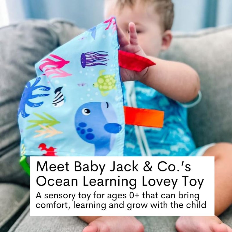 The Learning Lovey Baby Jack & Co 8x8” Ocean Lovey Tag Toys for Babies - Crinkle Toys for Developmental Play - Soft & Safe - Learn Shapes & Colors - Ideal Toy for Tummy Time - BPA Free w/Stroller Clip - Image 2