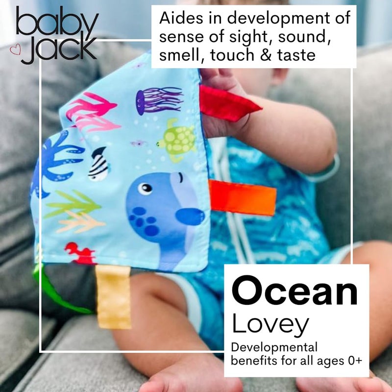 The Learning Lovey Baby Jack & Co 8x8” Ocean Lovey Tag Toys for Babies - Crinkle Toys for Developmental Play - Soft & Safe - Learn Shapes & Colors - Ideal Toy for Tummy Time - BPA Free w/Stroller Clip - Image 3