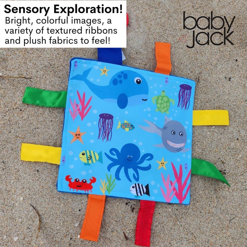 The Learning Lovey Baby Jack & Co 8x8” Ocean Lovey Tag Toys for Babies - Crinkle Toys for Developmental Play - Soft & Safe - Learn Shapes & Colors - Ideal Toy for Tummy Time - BPA Free w/Stroller Clip - Image 4