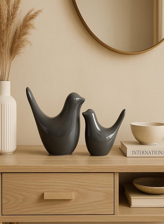 SRJANA Creative Grey Glossy Ceramic Birds Figurines Home Decorations Accessories Party (Pack of 2, Grey) - Image 1