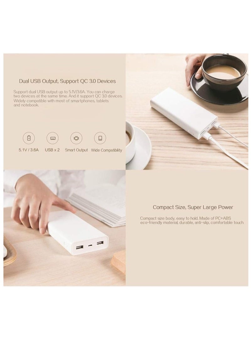 JAJEEK - Xiaomi Mi 20000mAh Power Bank 2C – Dual Output, Type-C, QC3.0 Fast Charging, Premium Portable Battery for Smartphones, Laptops, MacBook, Mi Notebook, Nintendo Switch, Dell XPS 13, ThinkPad – White - Image 1