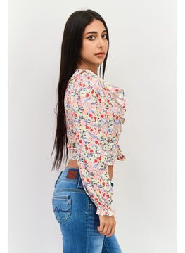 ONLY Women Tie Neck Long Sleeve Floral Print Top, pink  - Image 2