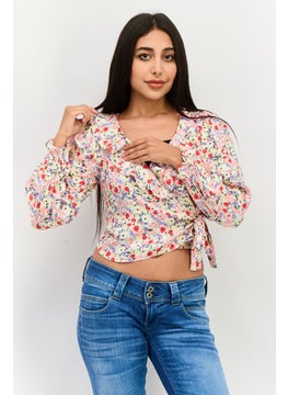 ONLY Women Tie Neck Long Sleeve Floral Print Top, pink  - Image 1