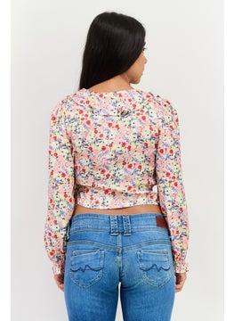 ONLY Women Tie Neck Long Sleeve Floral Print Top, pink  - Image 3