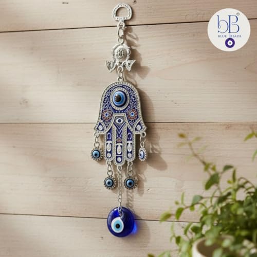 BLUE BEADS Metal Home & Decor Evil Eye Hanging Hamsa 8. Inches Pendant Decoration for Diwali Gifts, Lucky Hamsa Door/Wall Hanging for Home and Office, Silver - Image 3