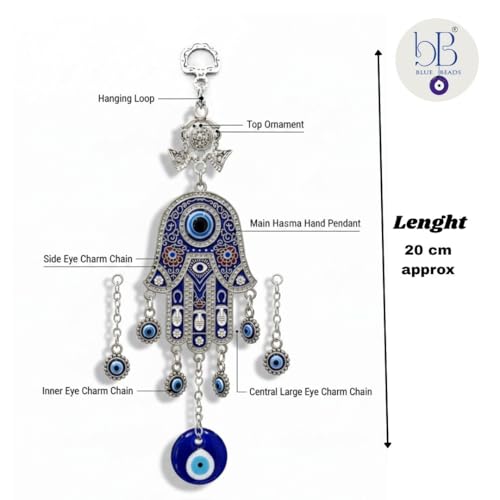BLUE BEADS Metal Home & Decor Evil Eye Hanging Hamsa 8. Inches Pendant Decoration for Diwali Gifts, Lucky Hamsa Door/Wall Hanging for Home and Office, Silver - Image 4