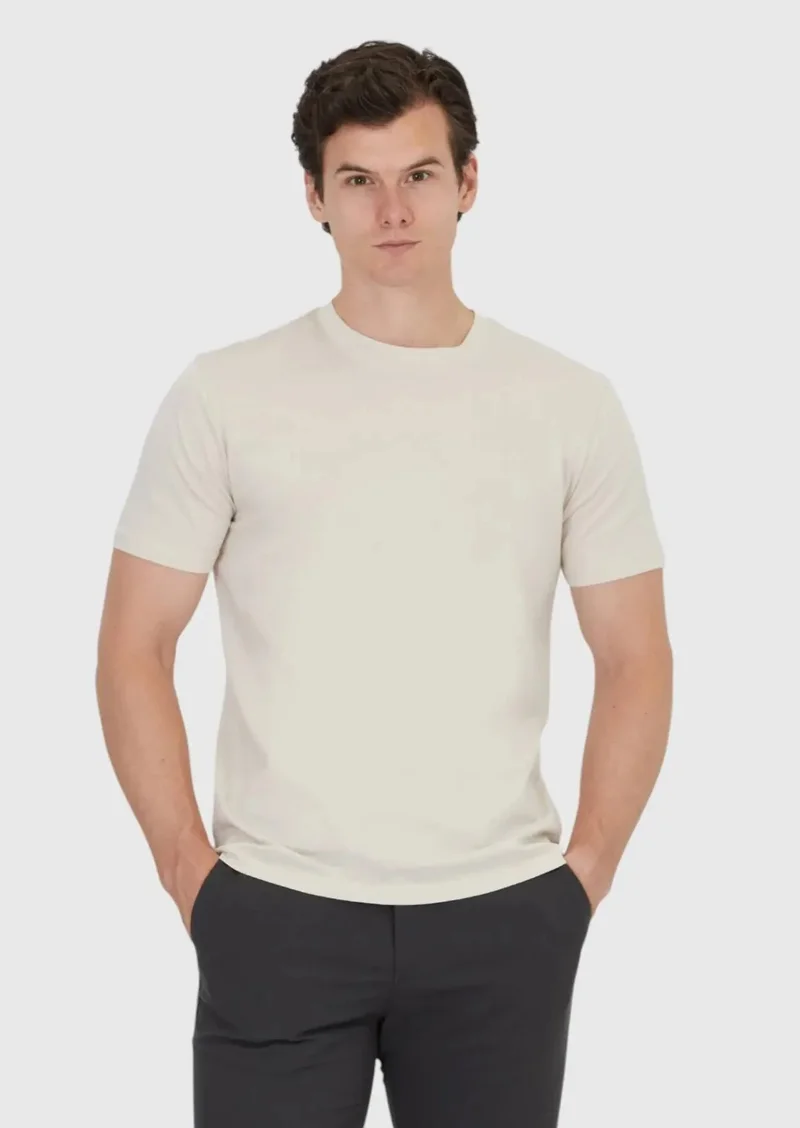 RAMSEY Beige Plain Crew Neck 100% Cotton T-Shirt