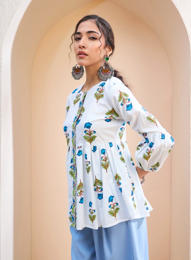 SASSAFRAS White Floral Wood Buttoned Gathered Kurti - Image 3