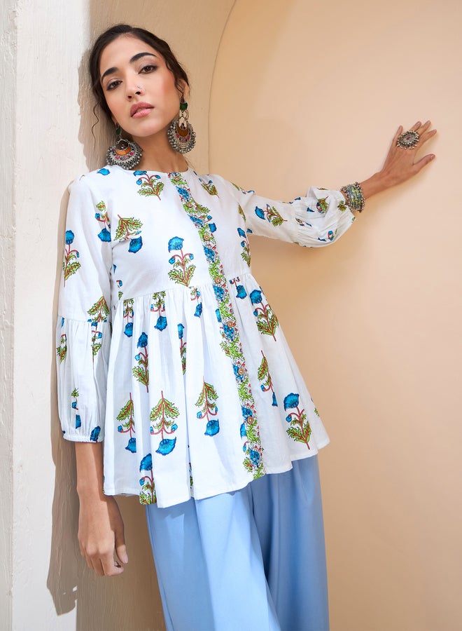 SASSAFRAS White Floral Wood Buttoned Gathered Kurti - Image 1