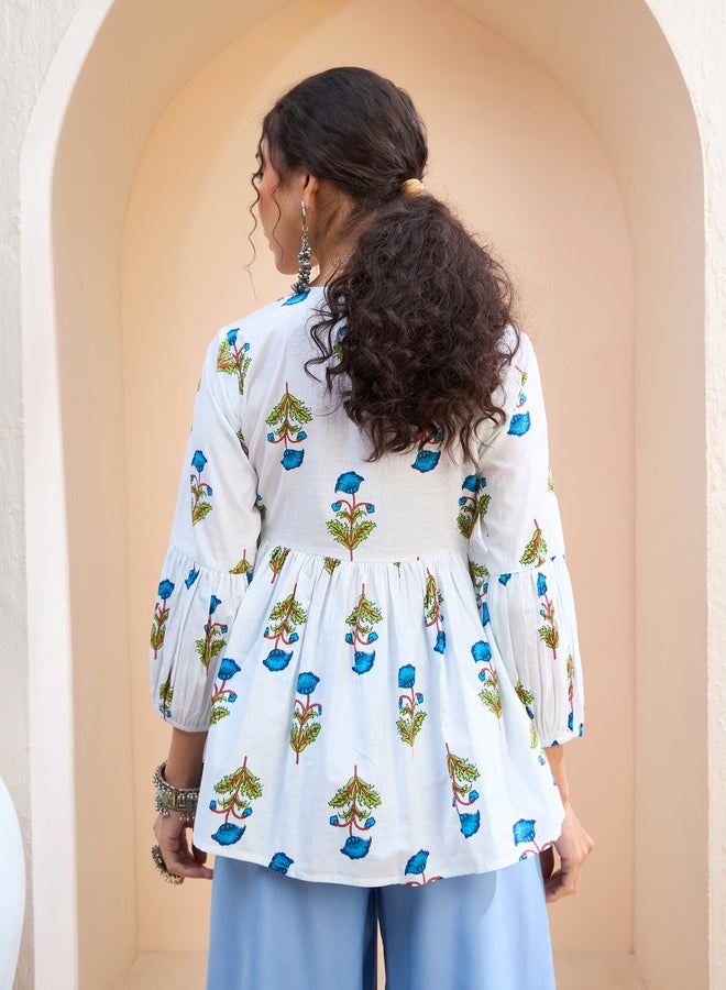 SASSAFRAS White Floral Wood Buttoned Gathered Kurti - Image 5