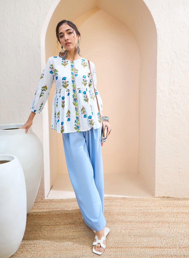 SASSAFRAS White Floral Wood Buttoned Gathered Kurti - Image 2