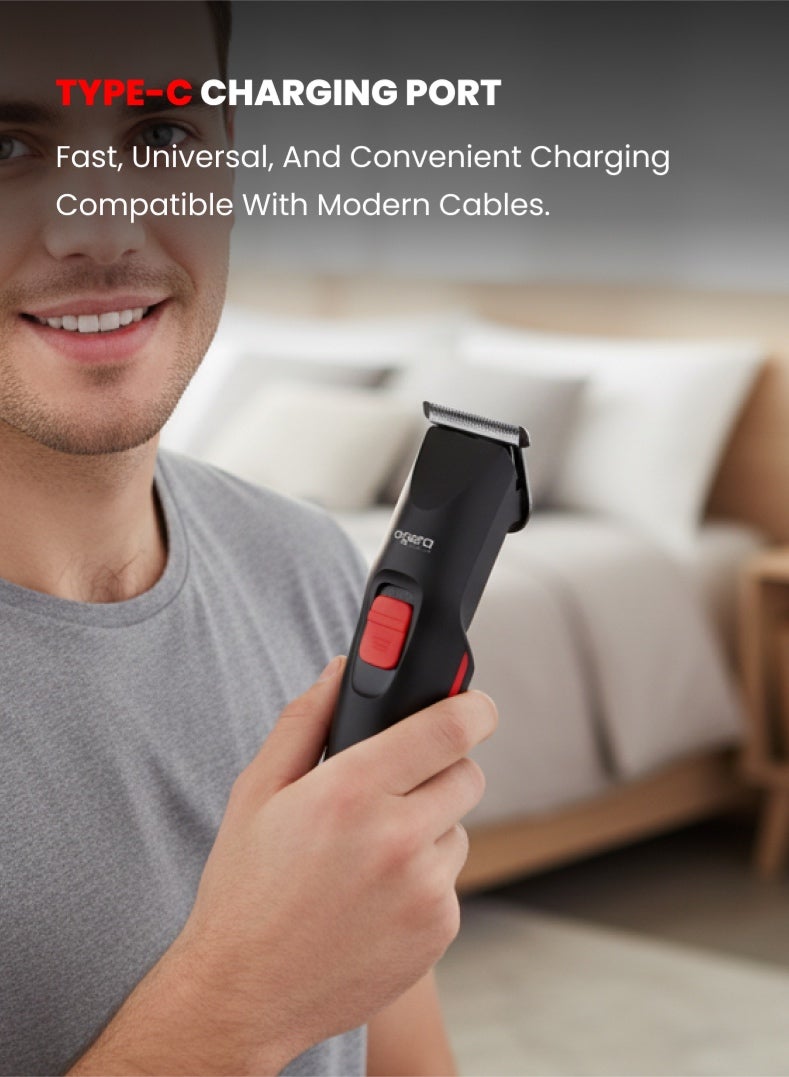 Ogera Rechargeable Hair Trimmer – 90 Minutes Runtime, 500 mAh Lithium Battery, Push-Type Switch, LED Charging Indicator, Type-C Charging, Cordless Grooming Tool for Men – Model OG2003HT, Black & Red 2 year warranty - Image 4