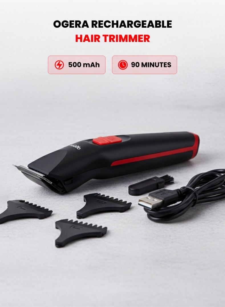 Ogera Rechargeable Hair Trimmer – 90 Minutes Runtime, 500 mAh Lithium Battery, Push-Type Switch, LED Charging Indicator, Type-C Charging, Cordless Grooming Tool for Men – Model OG2003HT, Black & Red 2 year warranty - Image 1
