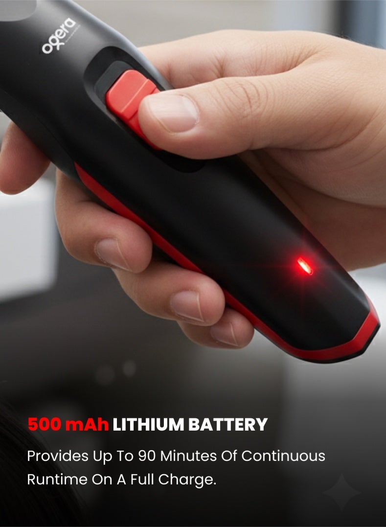 Ogera Rechargeable Hair Trimmer – 90 Minutes Runtime, 500 mAh Lithium Battery, Push-Type Switch, LED Charging Indicator, Type-C Charging, Cordless Grooming Tool for Men – Model OG2003HT, Black & Red 2 year warranty - Image 3