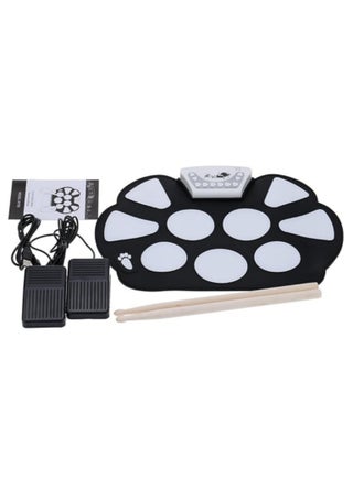 1 Set Roll Up Drum Pad Kit Silicon Foldable with Stick Portable Electronic USB Drum Record Function Audio Input Output Demo Accompaniment Adjustable Tempo